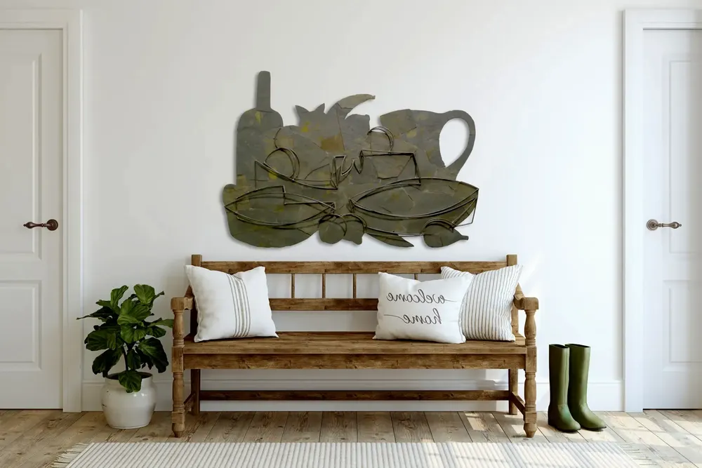 Artwork titled "Bodegon A-N" made with iron, slate stone in the year 1994 by Juan Diego Miguel