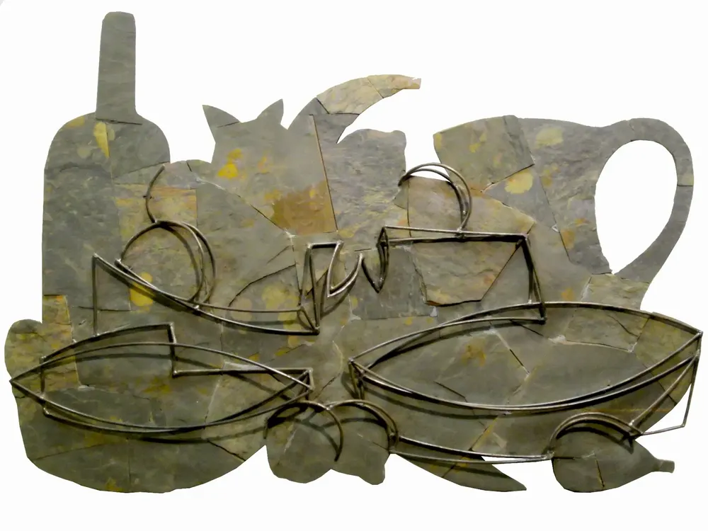 Artwork titled "Bodegon A-N" made with iron, slate stone in the year 1994 by Juan Diego Miguel