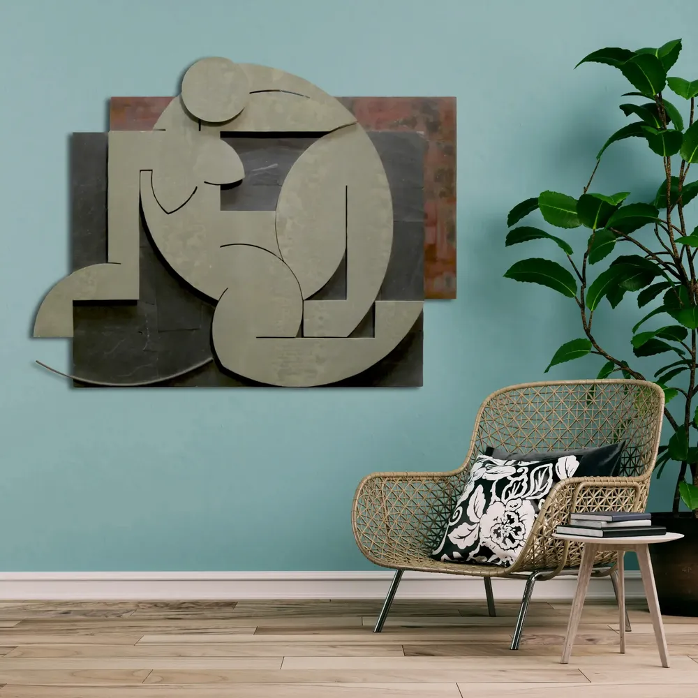 Artwork titled "Ines con plato en Grasse" made with copper, slate stone, iron, cement in the year 2000 by Juan Diego Miguel