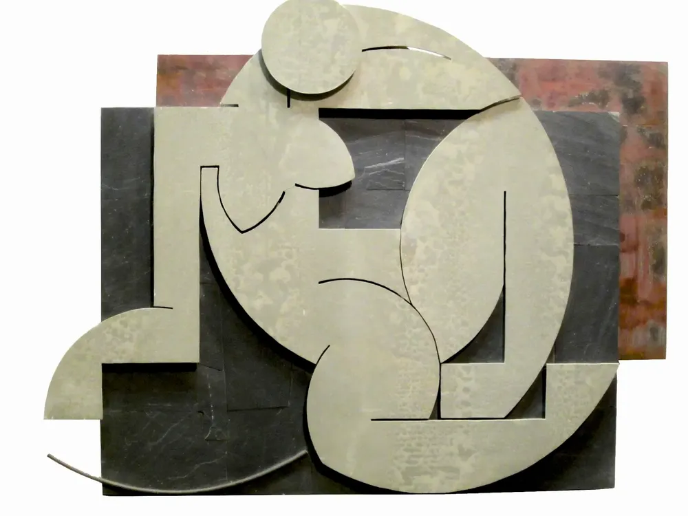 Artwork titled "Ines con plato en Grasse" made with copper, slate stone, iron, cement in the year 2000 by Juan Diego Miguel