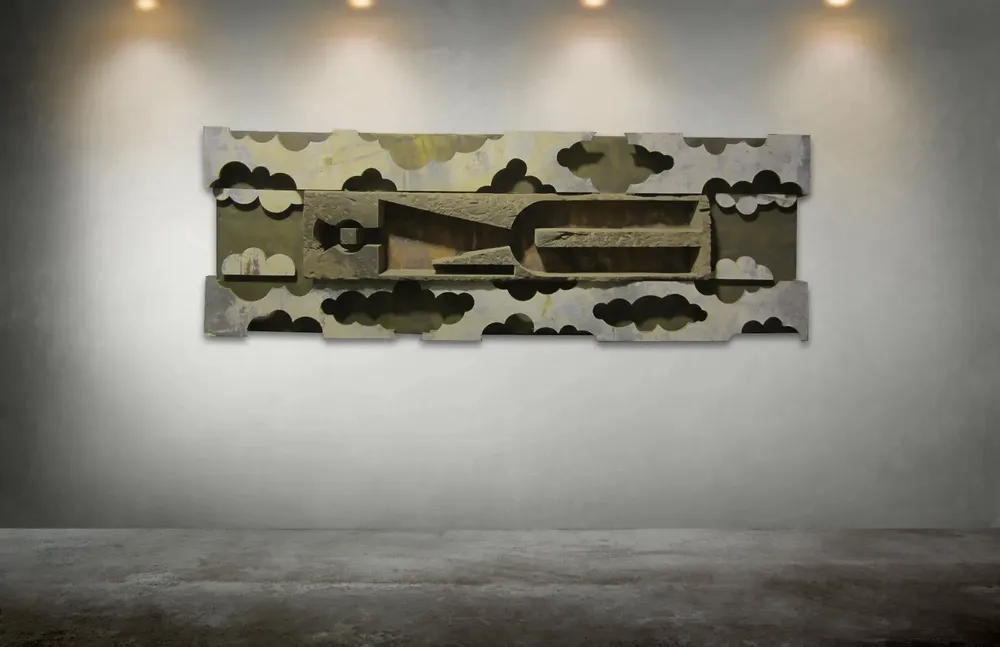 Artwork titled "El sueño" made with wood, copper, brass, galvanized sheet in the year 2000 by Juan Diego Miguel