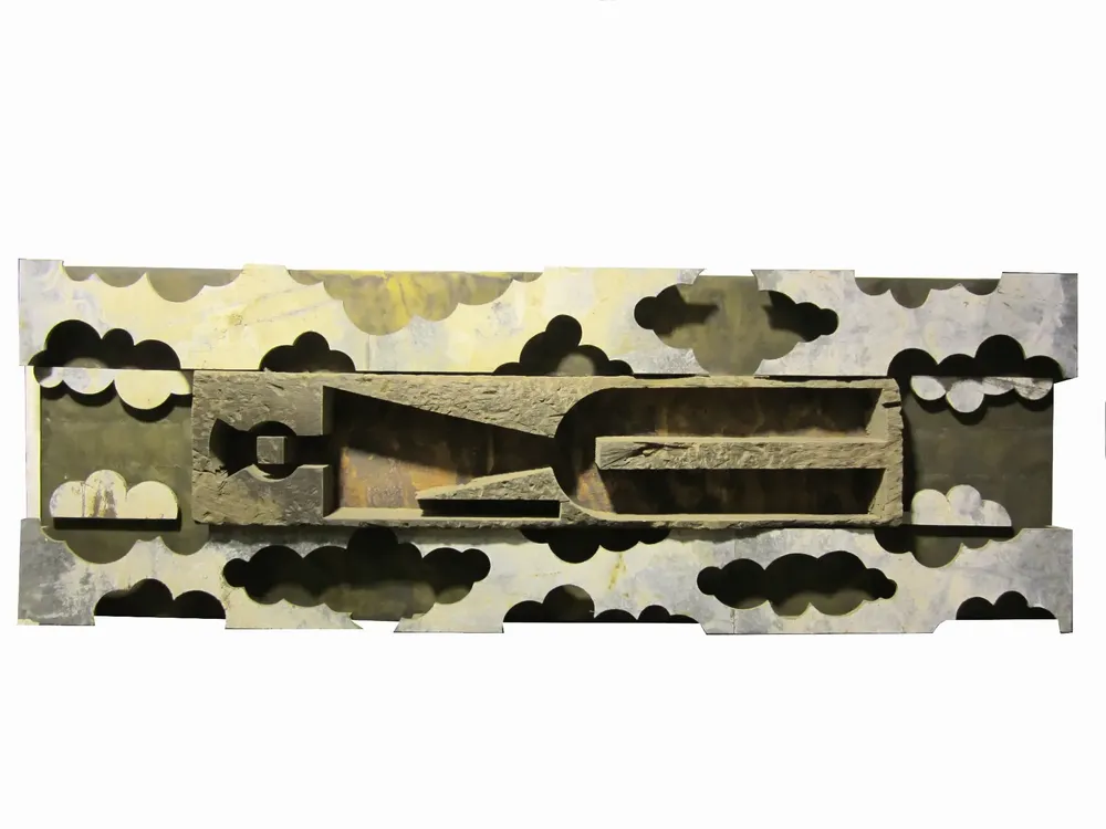 Artwork titled "El sueño" made with wood, copper, brass, galvanized sheet in the year 2000 by Juan Diego Miguel