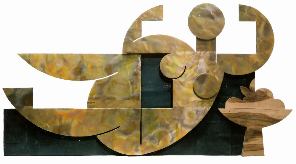 Artwork titled "La dorada Ines" made with brass, slate stone, wood in the year 2000 by Juan Diego Miguel
