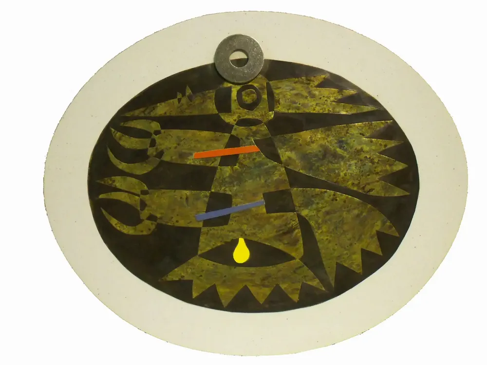 Artwork titled "Huevo-4" made with iron, laminate, brass, artificial stone in the year 2003 by Juan Diego Miguel