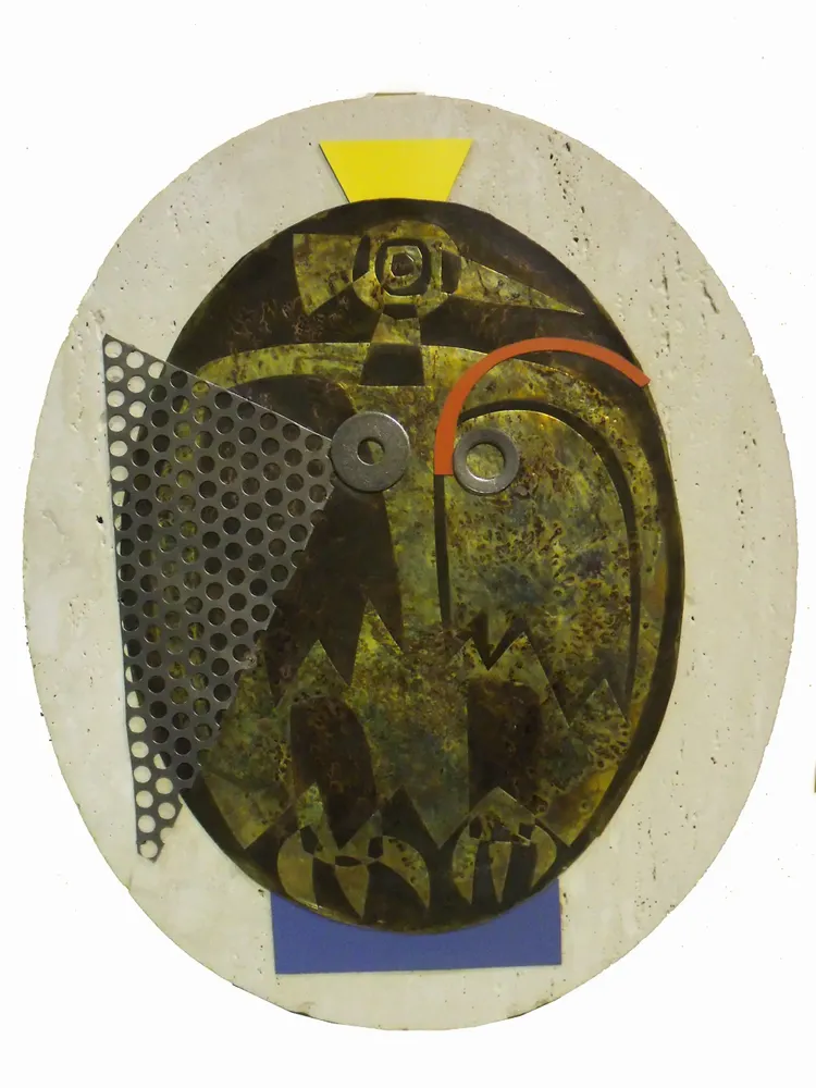 Artwork titled "Huevo-8" made with laminate, iron, brass, artificial stone in the year 2003 by Juan Diego Miguel