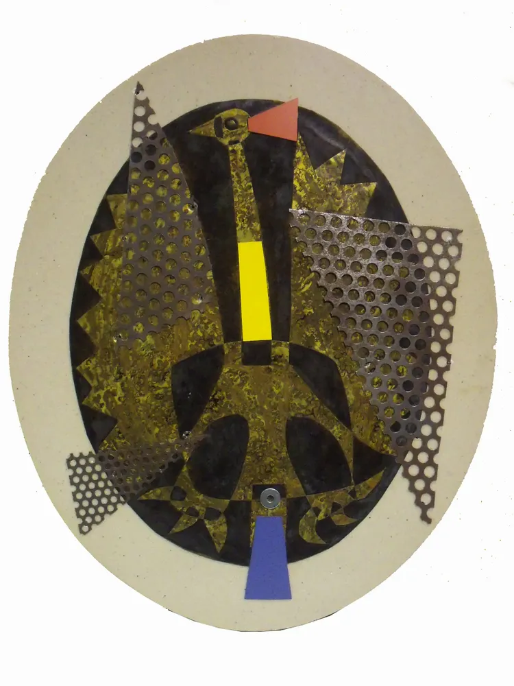 Artwork titled "Huevo-9" made with laminate, iron, brass, artificial stone in the year 2003 by Juan Diego Miguel