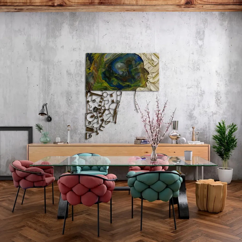Artwork titled "En el balcon" made with iron, frames, synthetic enamelled paint, laminate in the year 2010 by Juan Diego Miguel
