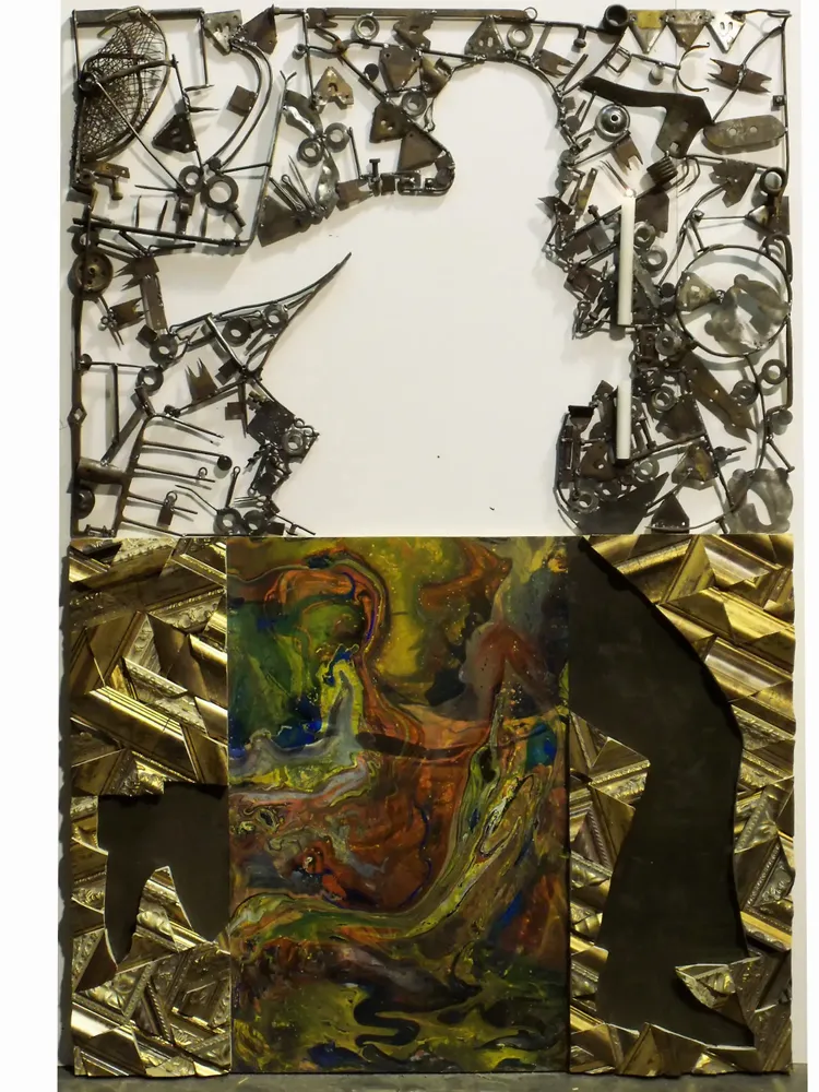 Artwork titled "Corriendo por el otoño" made with iron, candle, frames, resin, cement, synthetic enamelled paint, laminate in the year 2010 by Juan Diego Miguel