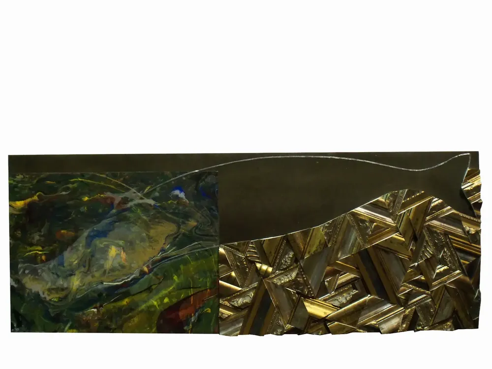 Artwork titled "Pescado" made with synthetic enamelled paint, zinc, mdf, frames, varnish, cement in the year 2011 by Juan Diego Miguel