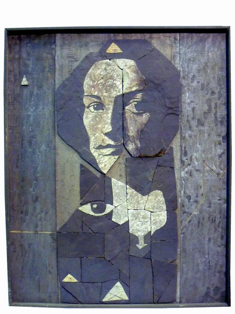 Artwork titled "Dama del ojo" made with oil painting, slate stone in the year 1986 by Juan Diego Miguel