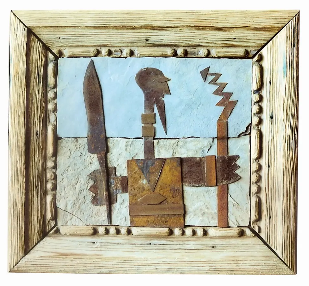Artwork titled "Guerrero con rayo" made with sheet, limestone, wood in the year 1992 by Juan Diego Miguel