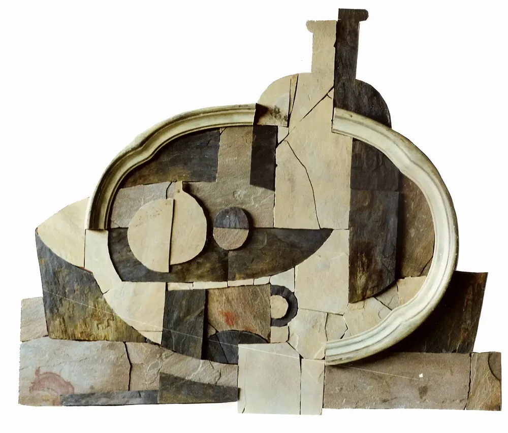 Artwork titled "Bodegon cubista-2" made with limestone, quartzite, slate stone, wood in the year 1992 by Juan Diego Miguel
