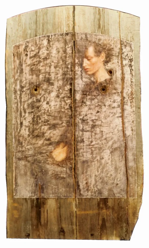 Artwork titled "ST" made with oil painting, plank in the year 1985 by Juan Diego Miguel