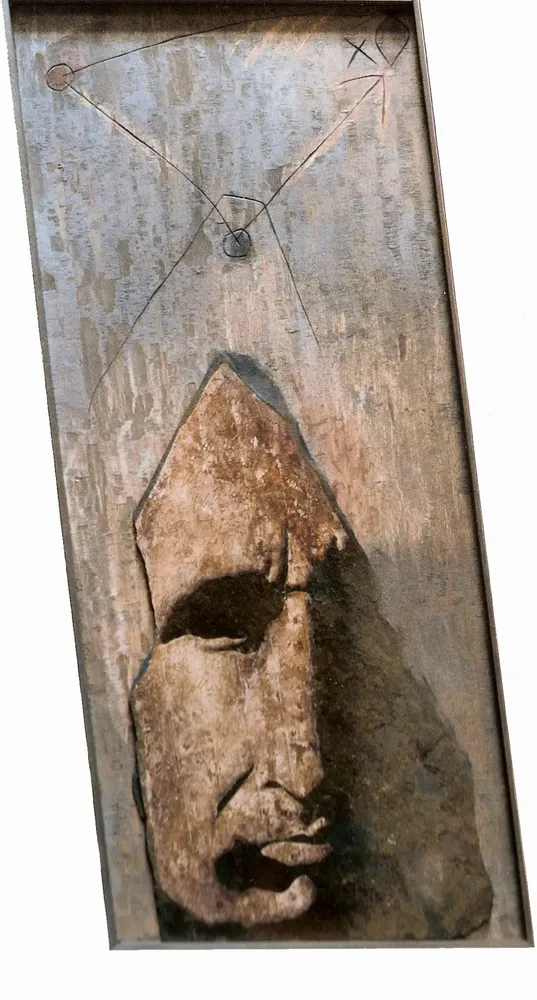 Artwork titled "Cara-1" made with oil painting, slate stone, plywood in the year 1986 by Juan Diego Miguel