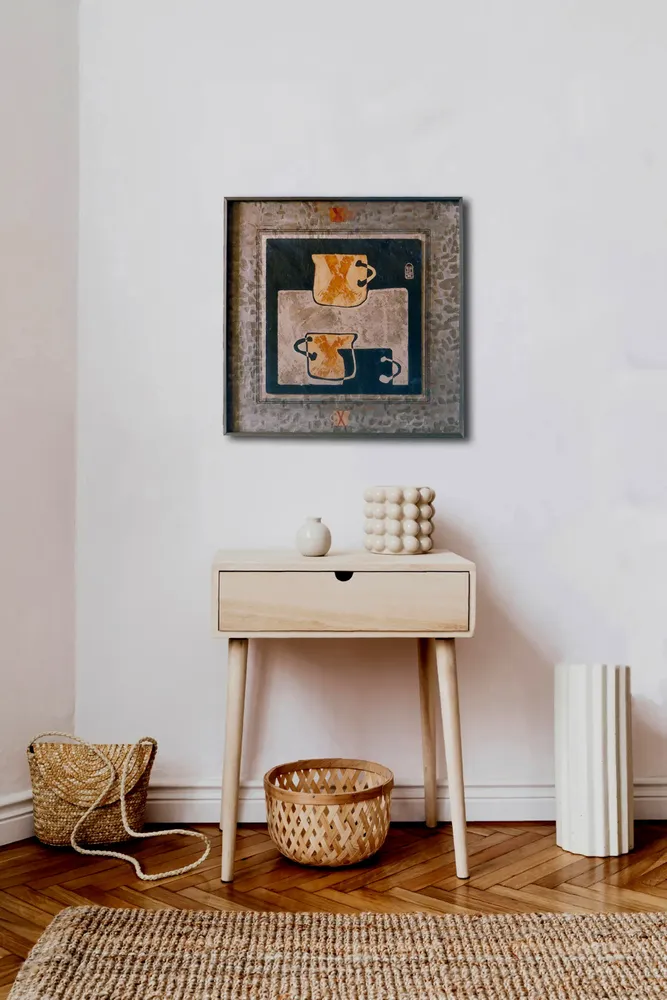 Artwork titled "Tazas" made with oil painting, slate stone, plywood in the year 1985 by Juan Diego Miguel