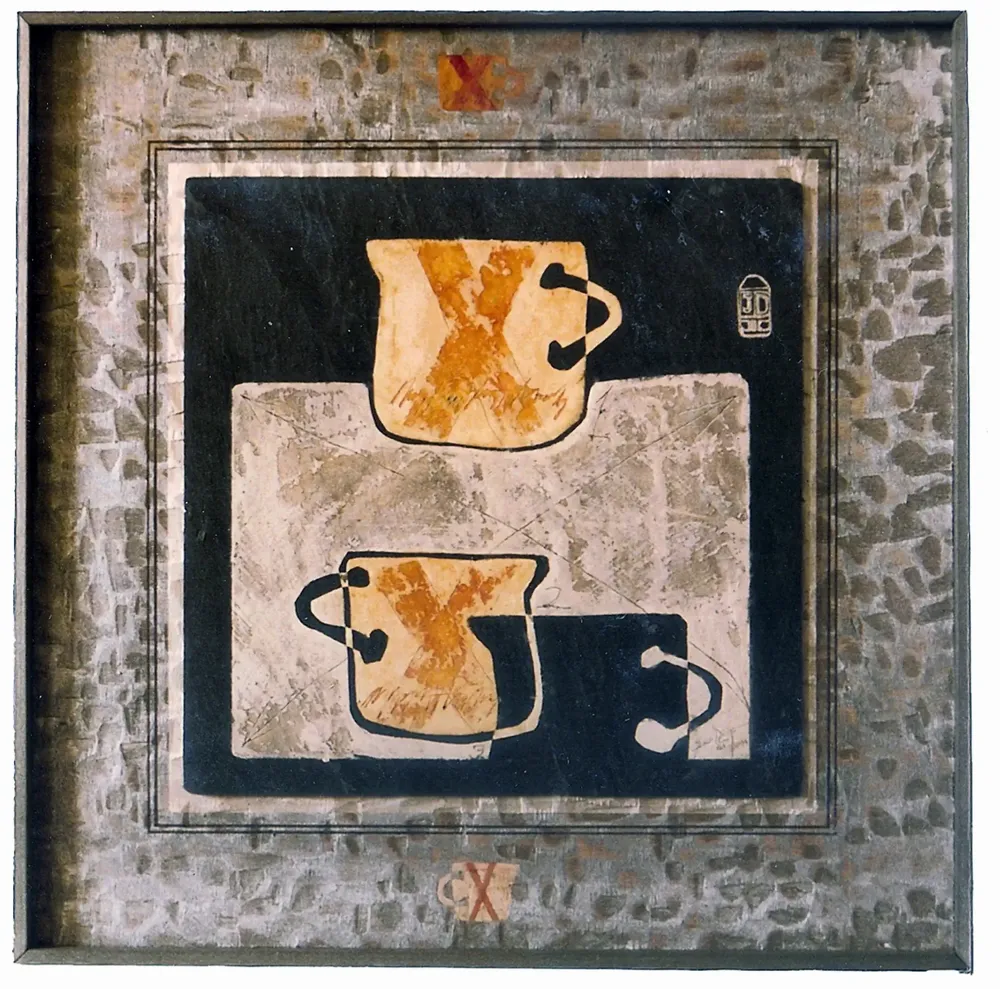 Artwork titled "Tazas" made with oil painting, slate stone, plywood in the year 1985 by Juan Diego Miguel
