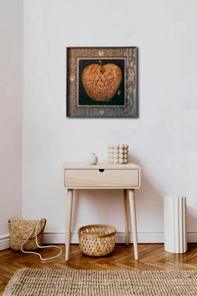 Artwork titled "Manzana con cruz" made with oil painting, slate stone, plywood in the year 1985 by Juan Diego Miguel