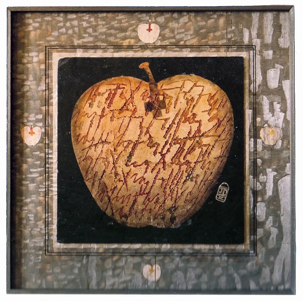 Artwork titled "Manzana con cruz" made with oil painting, slate stone, plywood in the year 1985 by Juan Diego Miguel