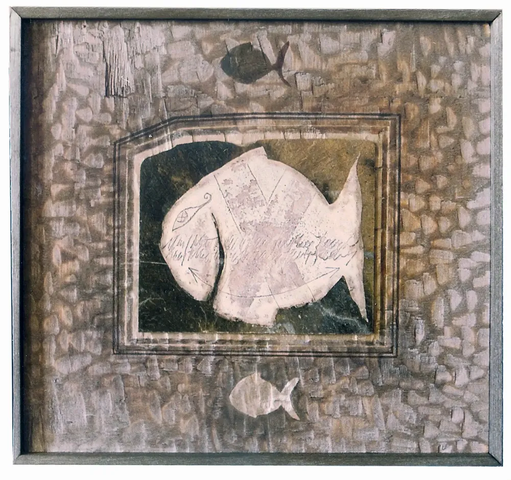 Artwork titled "Pez egipcio" made with oil painting, slate stone, plywood in the year 1985 by Juan Diego Miguel