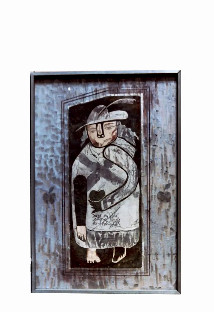 Artwork titled "Niña con manzana" made with oil painting, slate stone in the year 1985 by Juan Diego Miguel