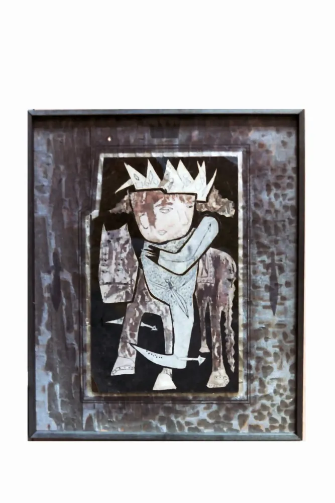 Artwork titled "Rey ecuestre" made with oil painting, slate stone in the year 1985 by Juan Diego Miguel