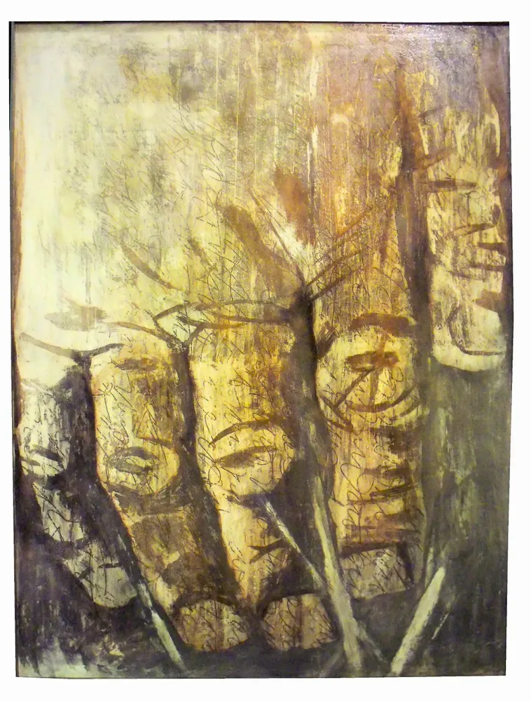 Artwork titled "Mano-2" made with oil painting, plank in the year 1986 by Juan Diego Miguel