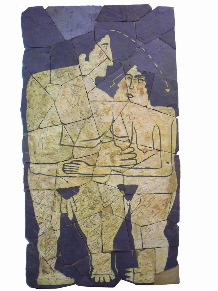 Artwork titled "La pareja" made with oil painting, slate stone in the year 1986 by Juan Diego Miguel