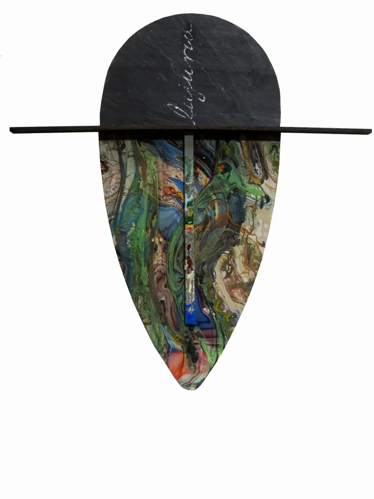 Artwork titled "Lujuria" made with wood, synthetic enamelled paint, laminate, tipp-ex, slate stone in the year 2014 by Juan Diego Miguel