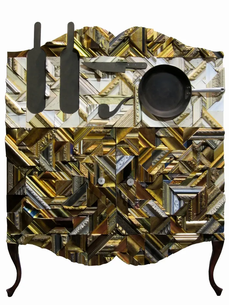 Artwork titled "Comoda con sarten" made with stainless steel, wood, mdf, iron, frames, aluminum in the year 2014 by Juan Diego Miguel
