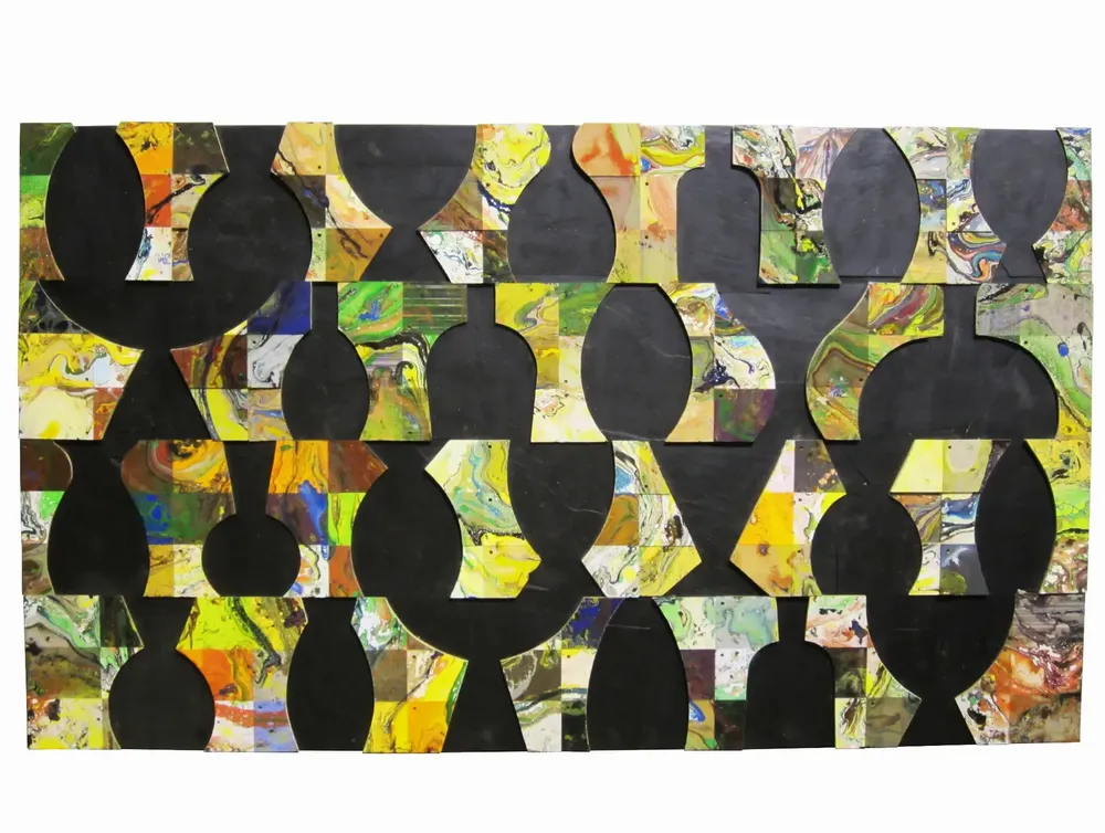 Artwork titled "Vasijas" made with synthetic enamelled paint, laminate, slate stone in the year 2017 by Juan Diego Miguel