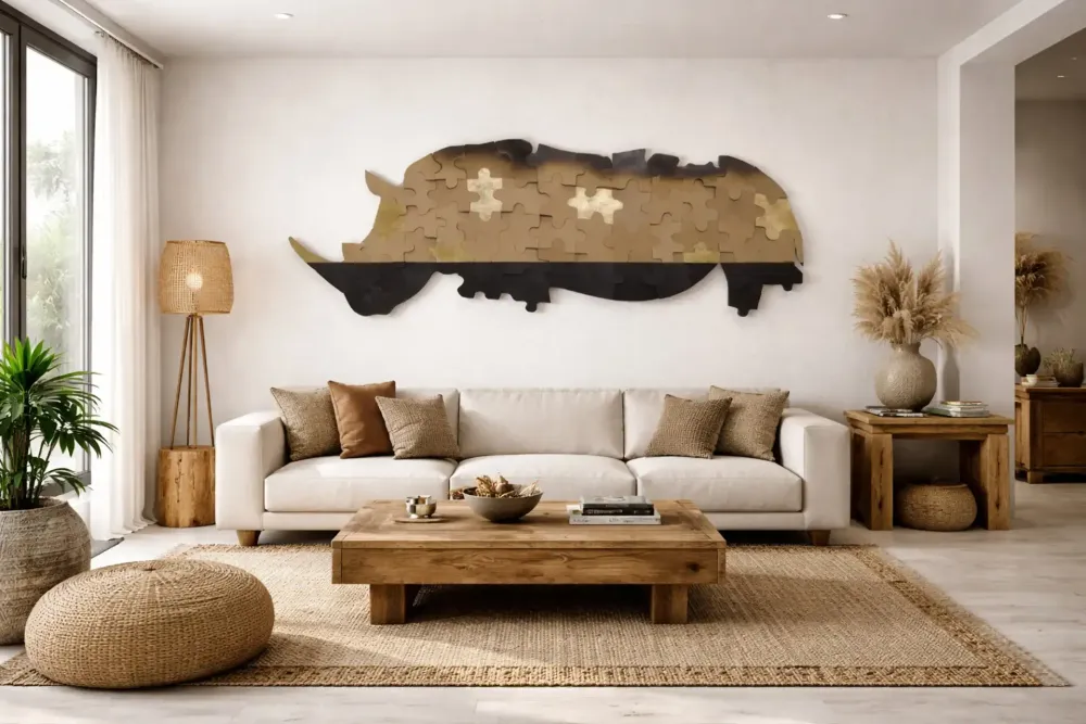 Artwork titled "Puzle-rhino" made with gold leaf, synthetic enamelled paint, mdf in the year 2019 by Juan Diego Miguel