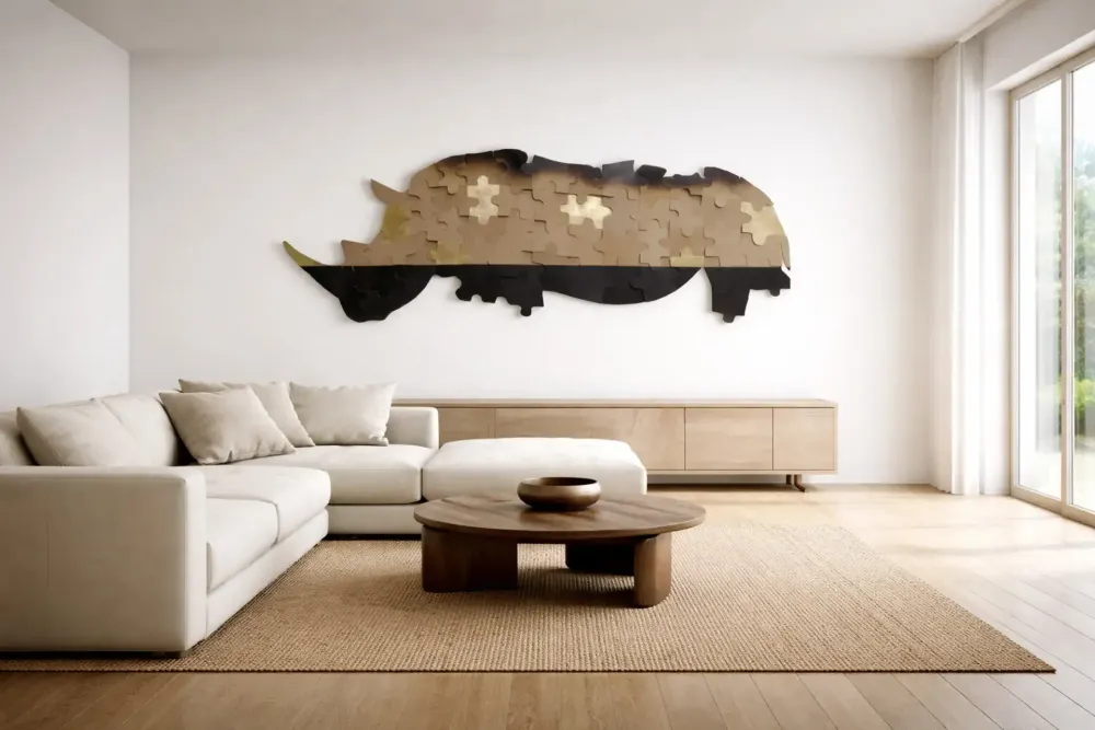 Artwork titled "Puzle-rhino" made with gold leaf, synthetic enamelled paint, mdf in the year 2019 by Juan Diego Miguel