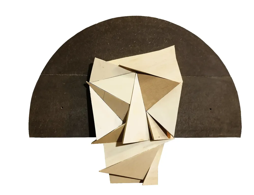 Artwork titled "Cabeza" made with plywood, cement in the year 2021 by Juan Diego Miguel