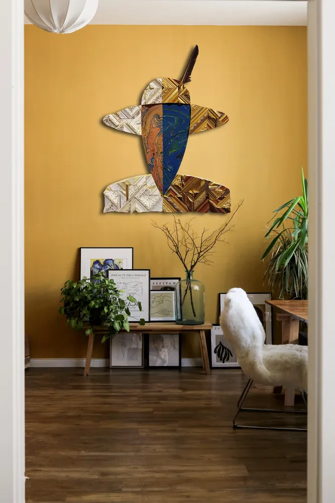 Artwork titled "La pluma" made with synthetic enamelled paint, laminate, frames, pen in the year 2021 by Juan Diego Miguel