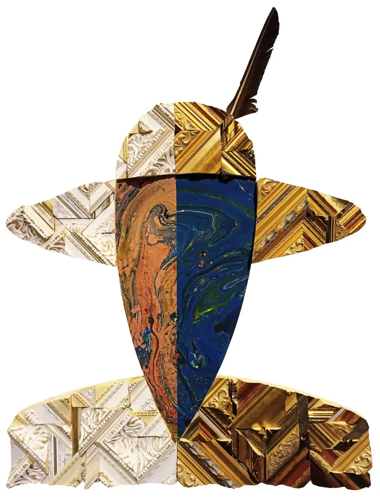 Artwork titled "La pluma" made with synthetic enamelled paint, laminate, frames, pen in the year 2021 by Juan Diego Miguel