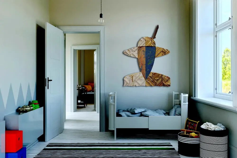 Artwork titled "La pluma" made with synthetic enamelled paint, laminate, frames, pen in the year 2021 by Juan Diego Miguel