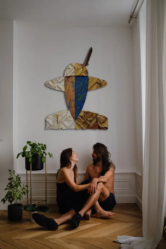 Artwork titled "La pluma" made with synthetic enamelled paint, laminate, frames, pen in the year 2021 by Juan Diego Miguel