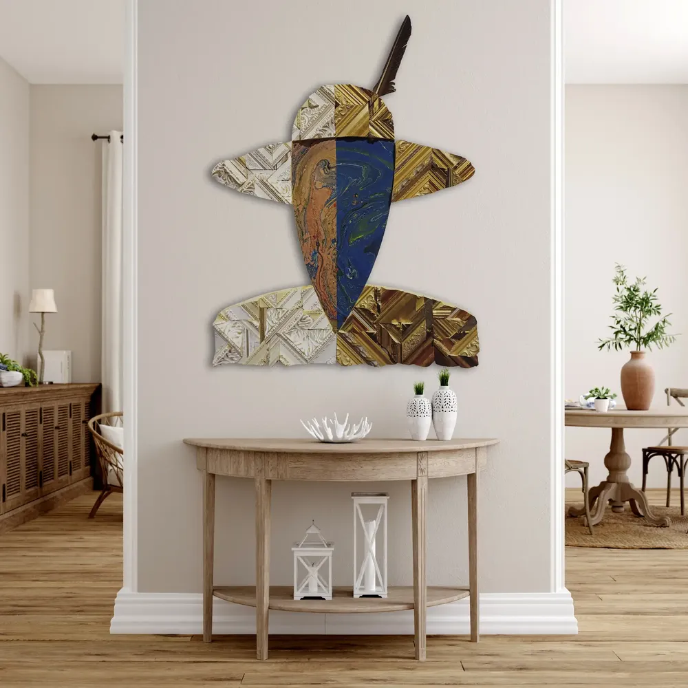 Artwork titled "La pluma" made with synthetic enamelled paint, laminate, frames, pen in the year 2021 by Juan Diego Miguel