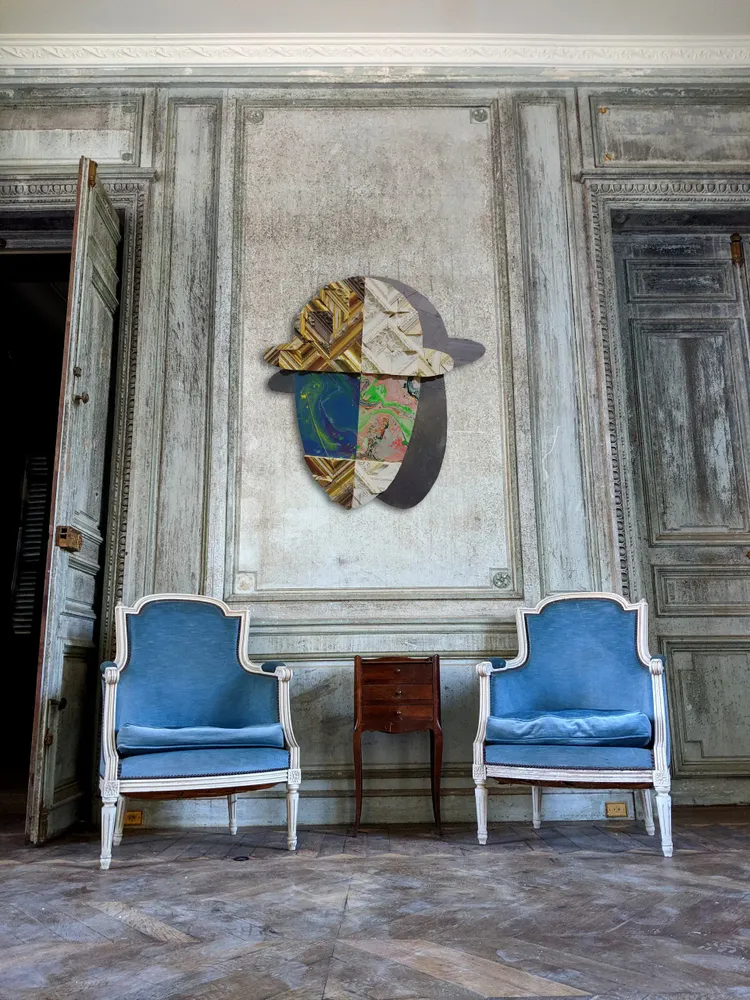 Artwork titled "Cabeza doble" made with synthetic enamelled paint, laminate, frames, slate stone, stainless steel in the year 2021 by Juan Diego Miguel