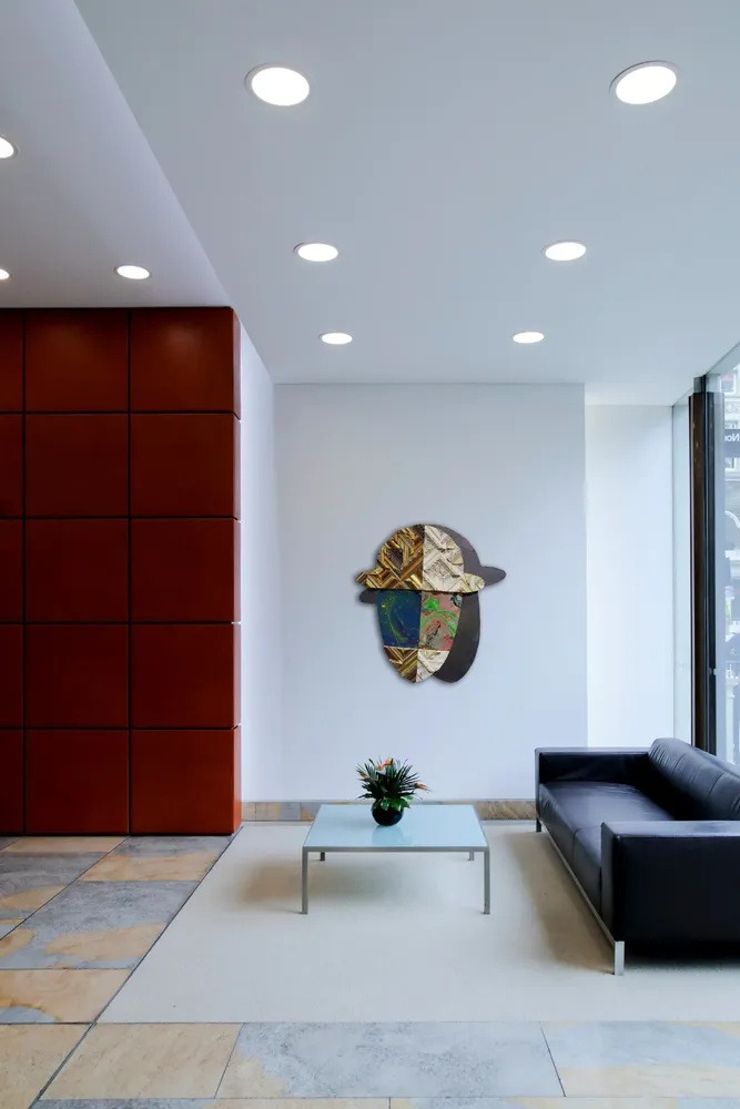Artwork titled "Cabeza doble" made with synthetic enamelled paint, laminate, frames, slate stone, stainless steel in the year 2021 by Juan Diego Miguel