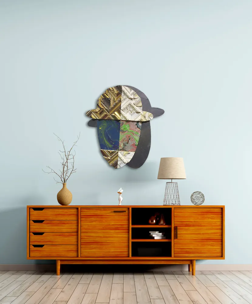 Artwork titled "Cabeza doble" made with synthetic enamelled paint, laminate, frames, slate stone, stainless steel in the year 2021 by Juan Diego Miguel