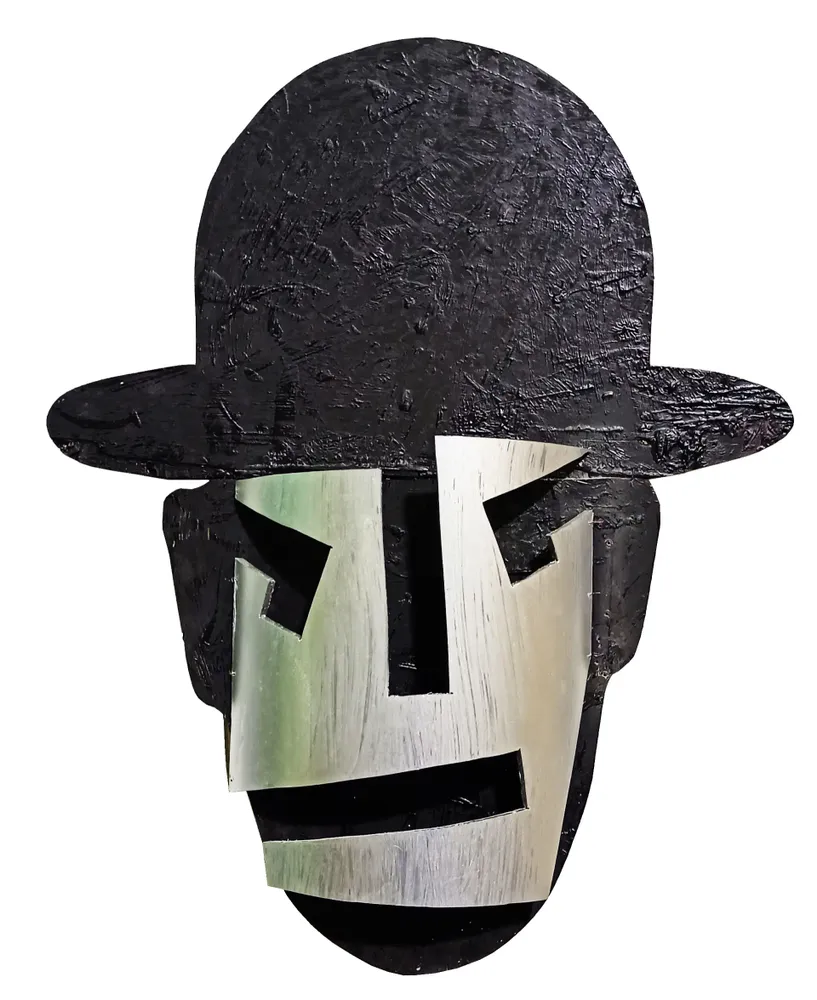 Artwork titled "Careta-bombin" made with synthetic enamelled paint, plywood, plastic in the year 2022 by Juan Diego Miguel