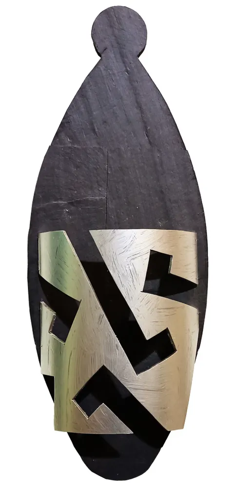 Artwork titled "Careta-moño" made with synthetic enamelled paint, plastic, slate stone in the year 2022 by Juan Diego Miguel