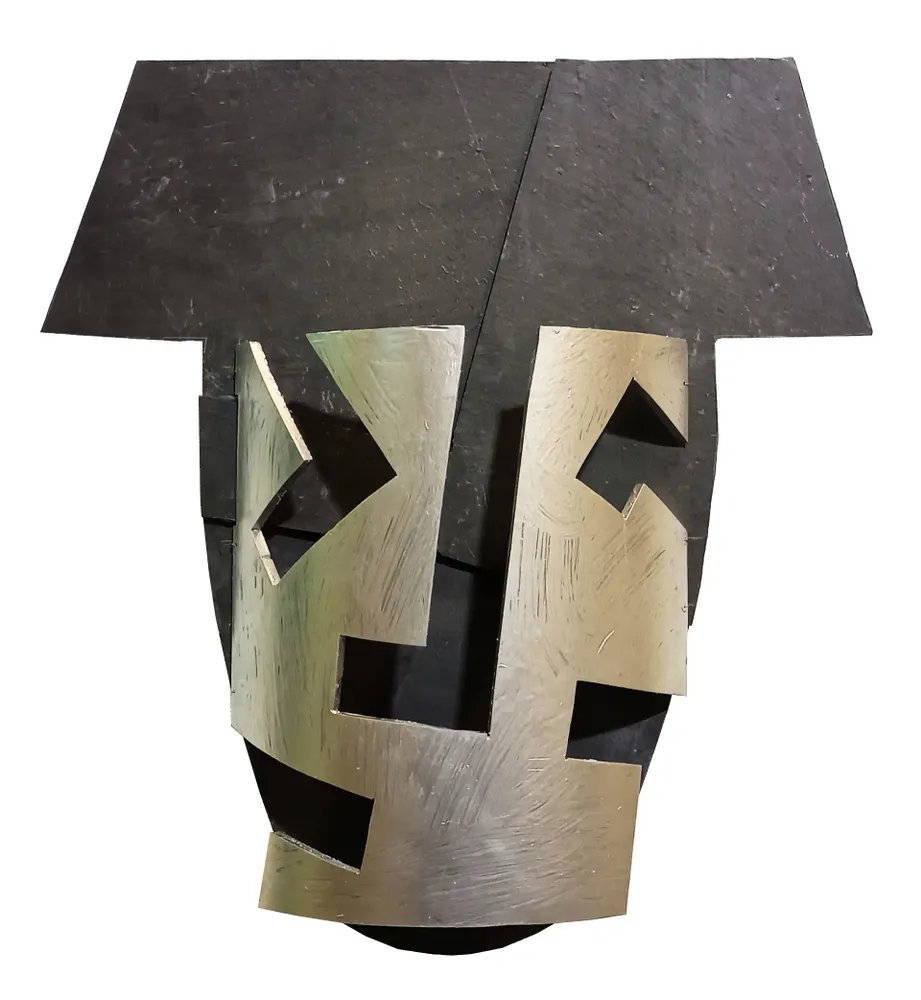 Artwork titled "Careta-tricornio" made with synthetic enamelled paint, plastic, slate stone in the year 2022 by Juan Diego Miguel