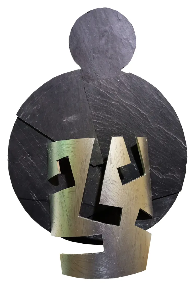 Artwork titled "Careta-abuela" made with synthetic enamelled paint, plastic, slate stone in the year 2022 by Juan Diego Miguel