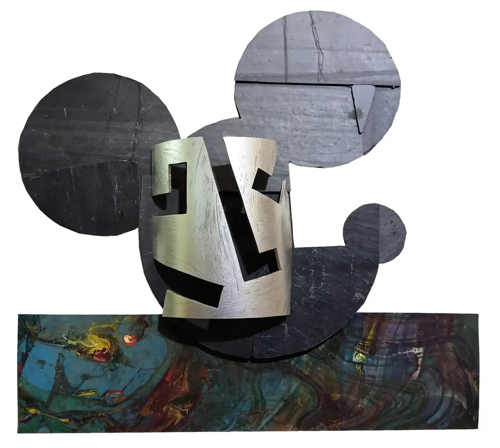 Artwork titled "Careta-Mickey" made with synthetic enamelled paint, mdf, plastic, slate stone in the year 2022 by Juan Diego Miguel