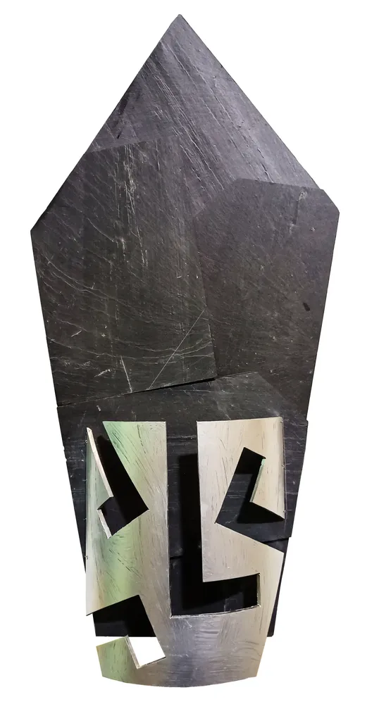 Artwork titled "Careta-tiara" made with synthetic enamelled paint, plastic, slate stone in the year 2022 by Juan Diego Miguel