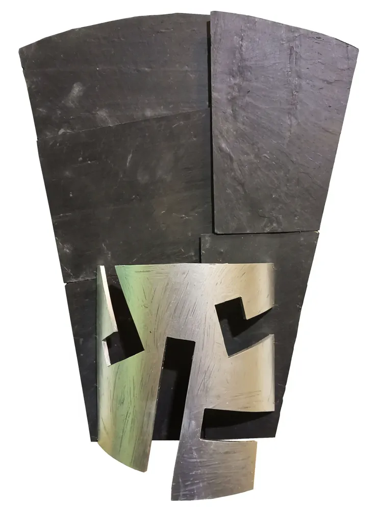 Artwork titled "Careta-gorro" made with synthetic enamelled paint, plastic, slate stone in the year 2022 by Juan Diego Miguel