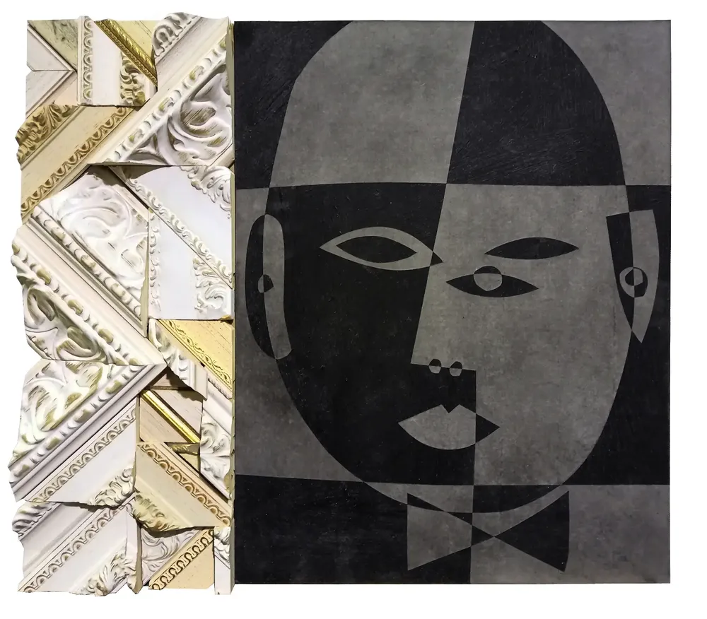 Artwork titled "Cabeza" made with frames, synthetic enamelled paint, cardboard in the year 2022 by Juan Diego Miguel