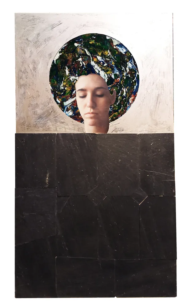 Artwork titled "Ines" made with synthetic enamelled paint, methacrylate, mdf, pyrography, slate stone in the year 2022 by Juan Diego Miguel